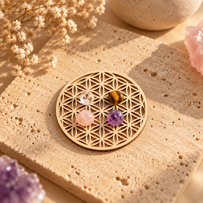 Sous-verre Fleur de Vie en bois de 10 cm accueillant des pierres naturelles, dont une améthyste, un quartz rose et un œil de tigre.