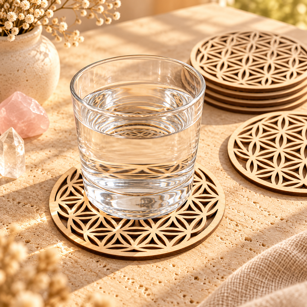 Sous-verre Fleur de Vie en bois de 10 cm avec un verre d'eau, posé sur une surface en pierre naturelle dans une ambiance zen.