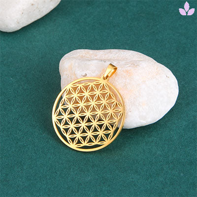 Pendentif Fleur de Vie en bois et acier inoxydable