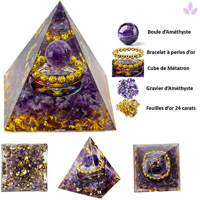 pyramide en orgonite avec pierre d'améthyste pour protection